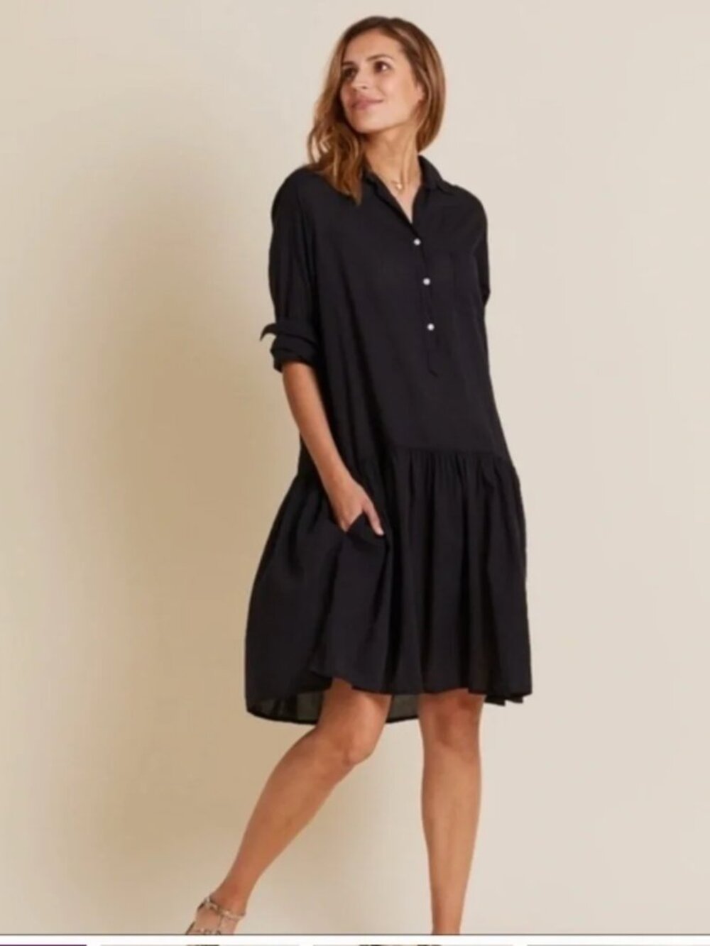 Grayson The Changemaker Black Lightweight Cotton Shirt Dress Tiered Size Large